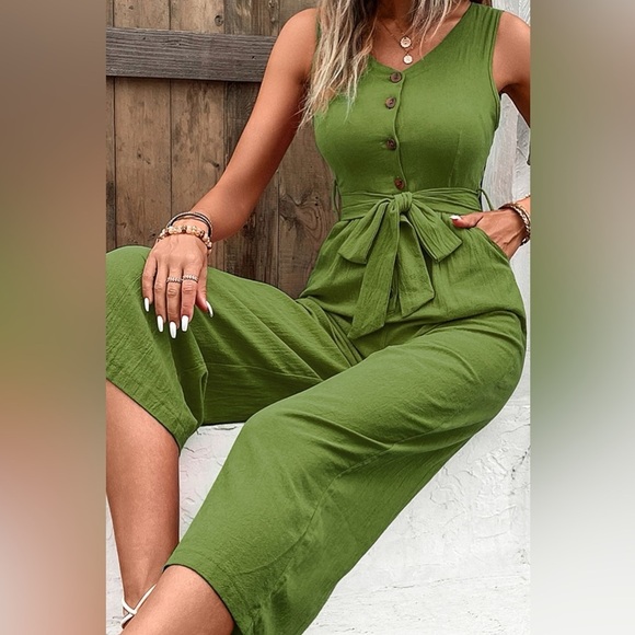 Summer Quench Button Front V Neck Tie Waist Jumpsuit - Picture 6 of 7